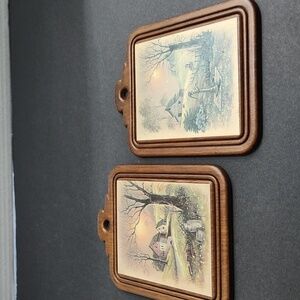 Vintage wooden hanging wall plaques, 1960- early 1970s, beautiful country scene